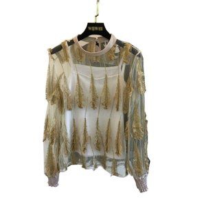 Stereo Feather Design Clothing Gauze Blouse- Shirt With Sun-top, Apricot